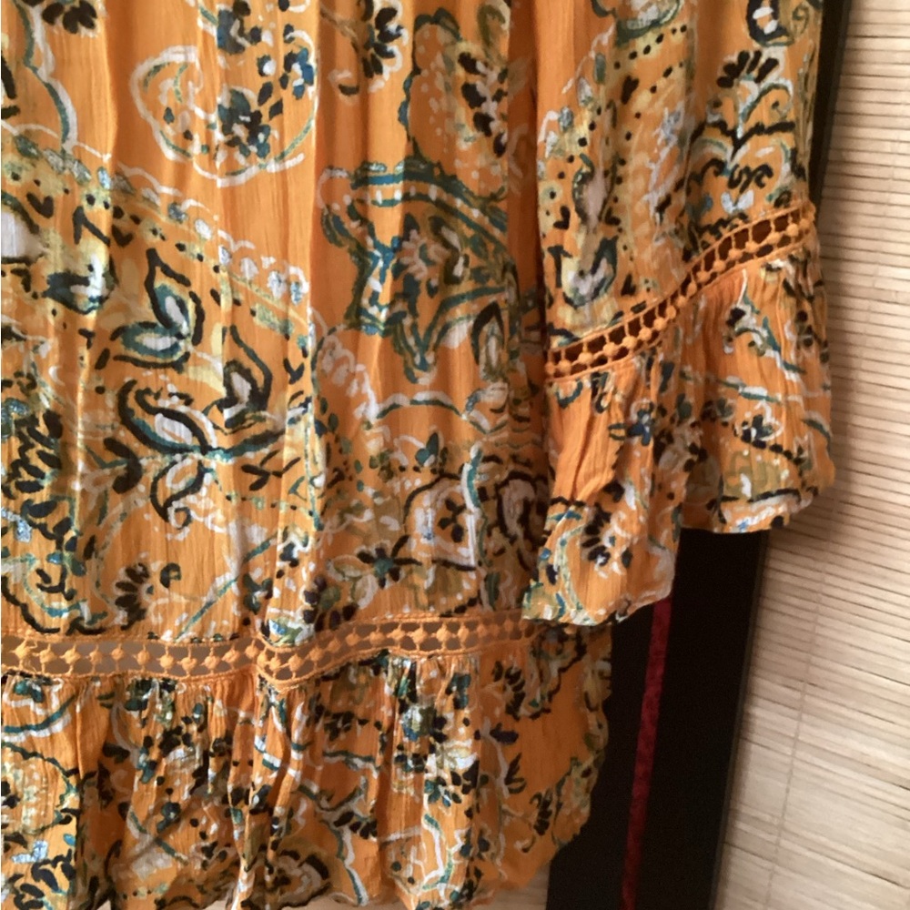 💗 FEVER Paisley Women's Top Sz S crochet accents boho yellow orange - Picture 5 of 8